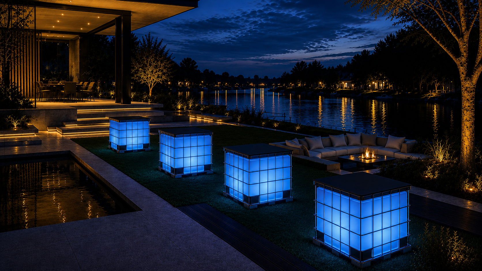 Meerdere blauwe DAIVEXO LED Light Cubes op een luxe evenementlocatie